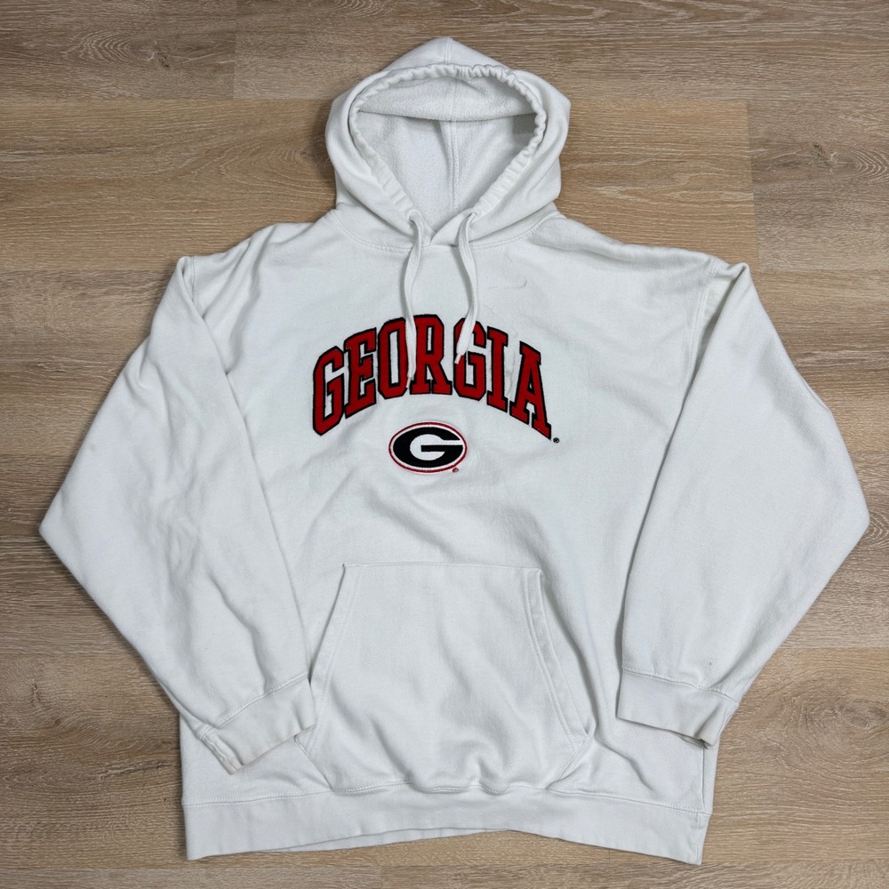 Georgia Bulldogs NCAA Hoodie White Red Graphic Pullover Sweatshirt Mens XL
